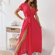 WW | Gedrucktes Polka-Dot-Band Taille Maxi Kleid