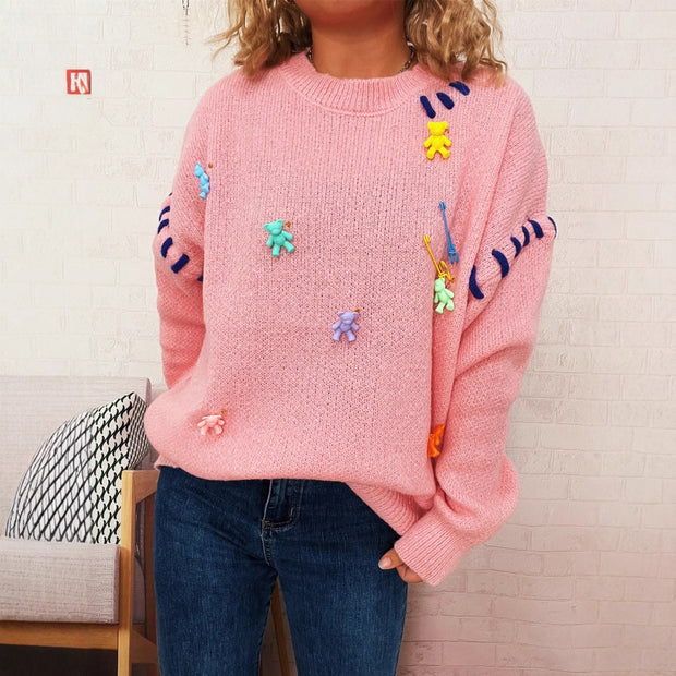 Damen Pullover mit verspieltem Bären-Motiv und dekorativen Applikationen WW
