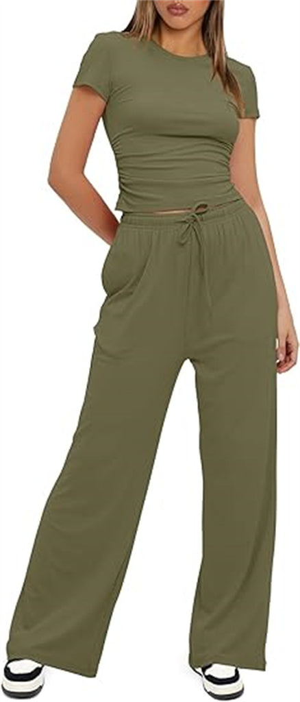 Damen lässiger Zweiteiler mit cropped Oberteil und weitem Beinkleid WW