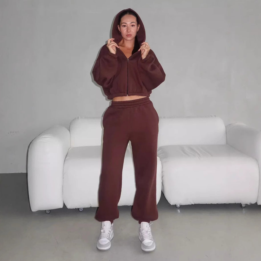 Damen sportliches und lässiges Tweed-Kapuzen-Set WW
