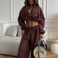 Damen sportliches Zweiteiler-Set mit cropped Kapuzenpullover und weitem Hosen WW
