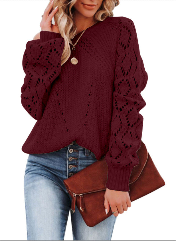 Damen Strickpullover mit voluminösen Ärmeln und raffiniertem Lochmuster WW