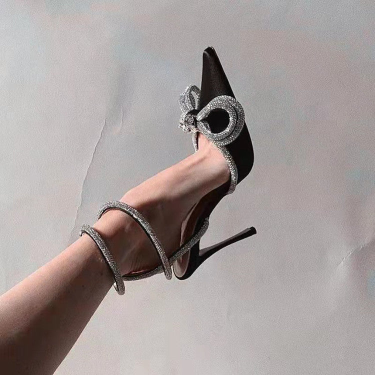 Damen elegante High Heels mit funkelndem Strass und kunstvollem Schleifen-Design WW