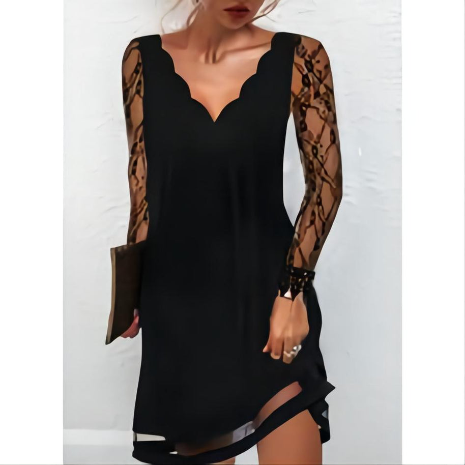 Damen Spitzenkleid mit V-Ausschnitt und eleganten Ärmeln WW