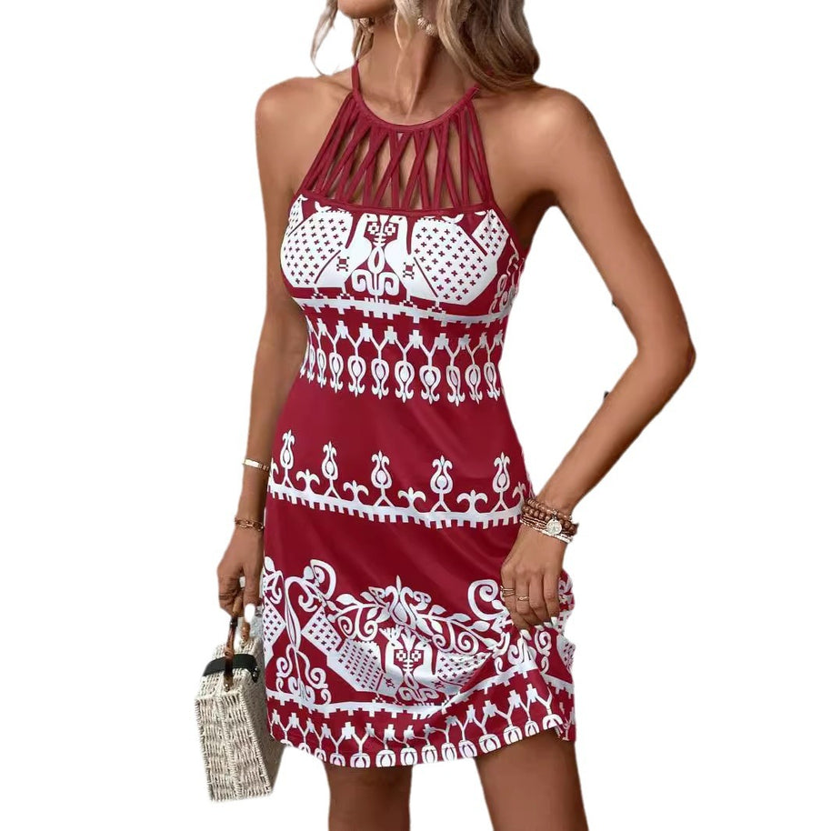 Damen ärmelloses Sommerkleid mit modischem Cut-Out-Design und grafischem Muster WW