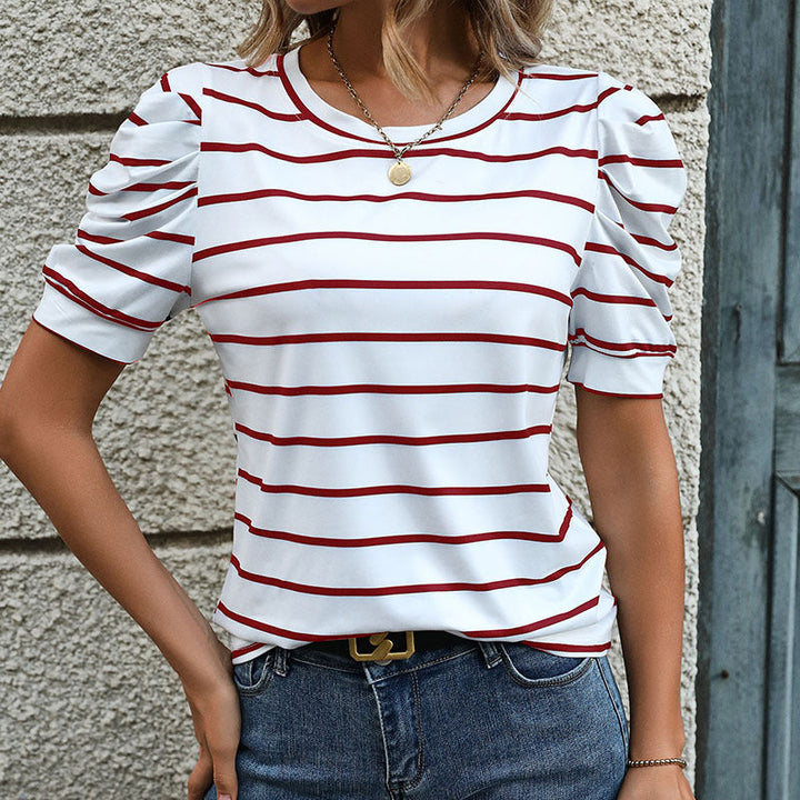 Damen T-Shirt mit dekorativen Puffärmeln und modernem Streifenmuster W&W Mode