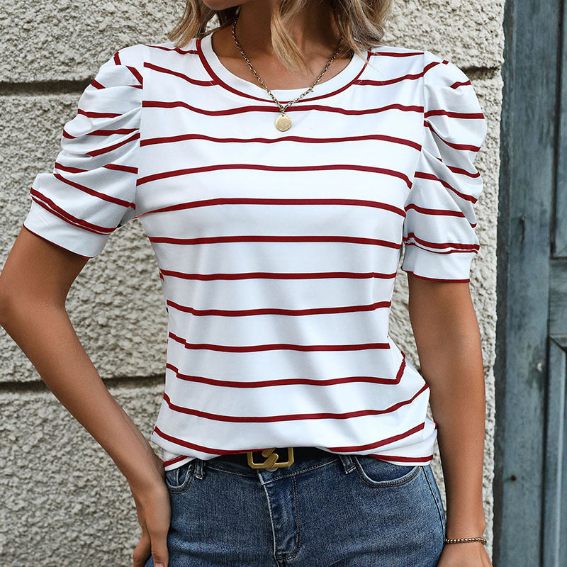 Damen T-Shirt mit dekorativen Puffärmeln und modernem Streifenmuster WW