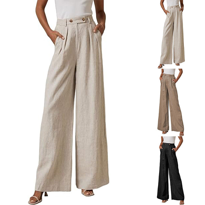 Damen elegante weite Leinenhose mit hohem Bund und Falten WW