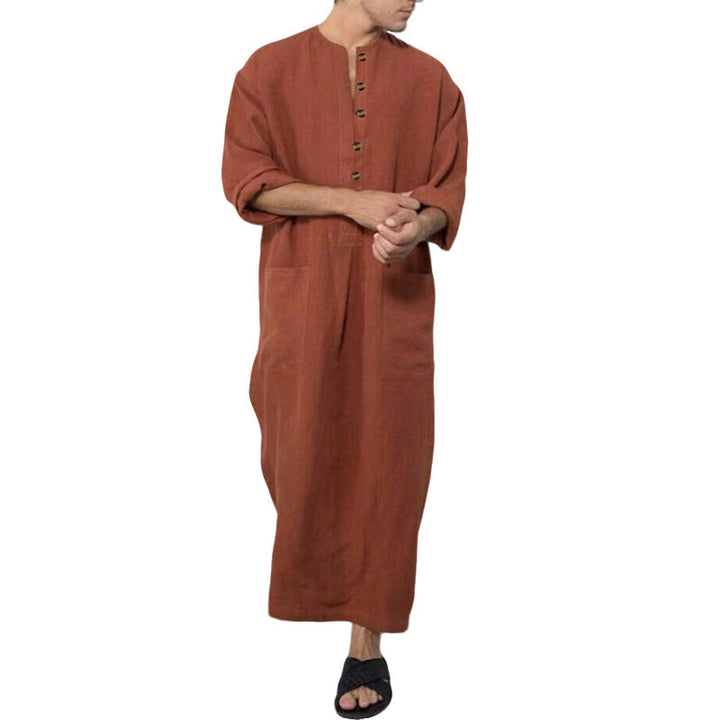 Herren nan weites langes Tunika-Kaftan aus atmungsaktivem Leinen mit Stehkragen Knopfblende und aufgesetzten Taschen W&W Mode