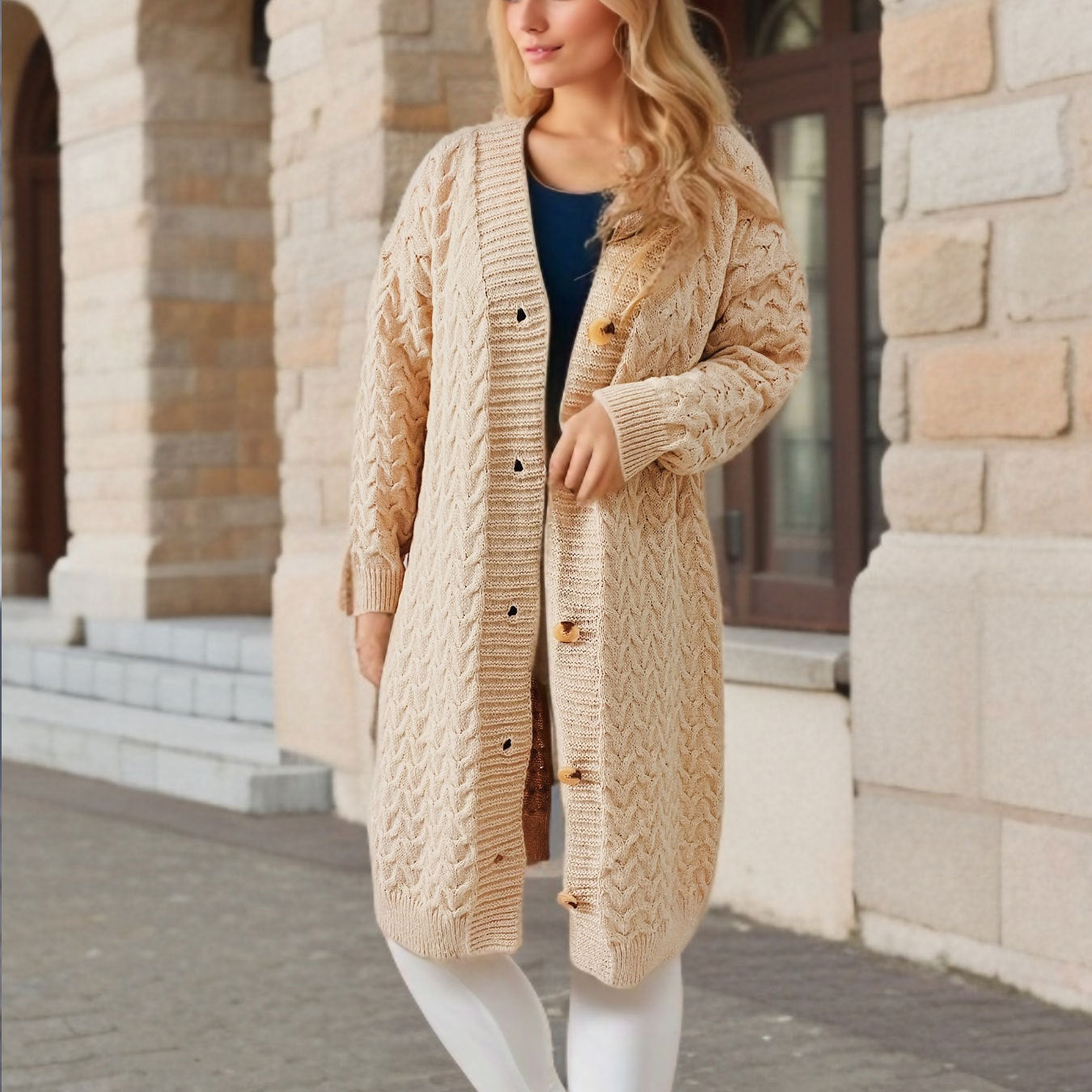 Damen Strickjacke mit strukturierter Zopfstrickoptik und dekorativen Knopfdetails WW