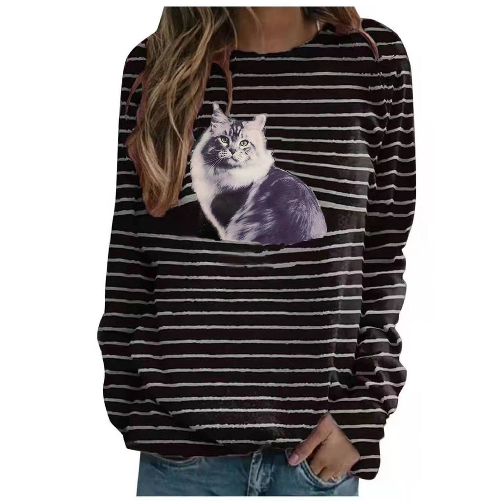 WW | Verspielt Katzen Druck Gestreiftes Damen T-Shirt