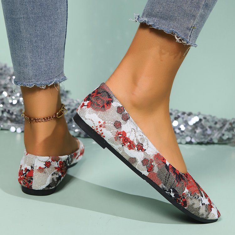 Damen Ballerinas mit floralem Muster und elegantem, spitzem Zehenbereich W&W Mode