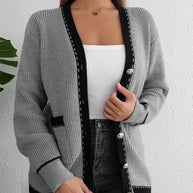 Damen Strickcardigan mit tropfenförmigen Knopfdetails und modischer Kontrastpaspel WW