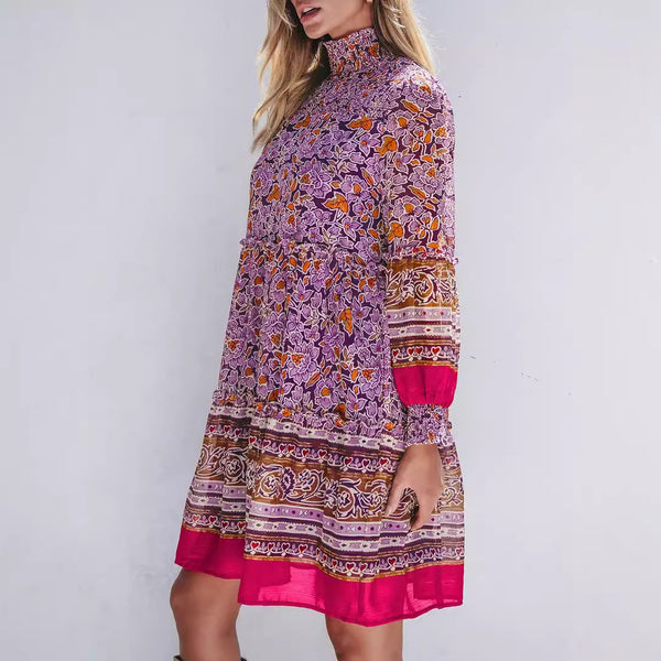 Damen Boho-inspiriertes Midi-Kleid mit elastischem Taillenbund und voluminösen Ärmeln WW