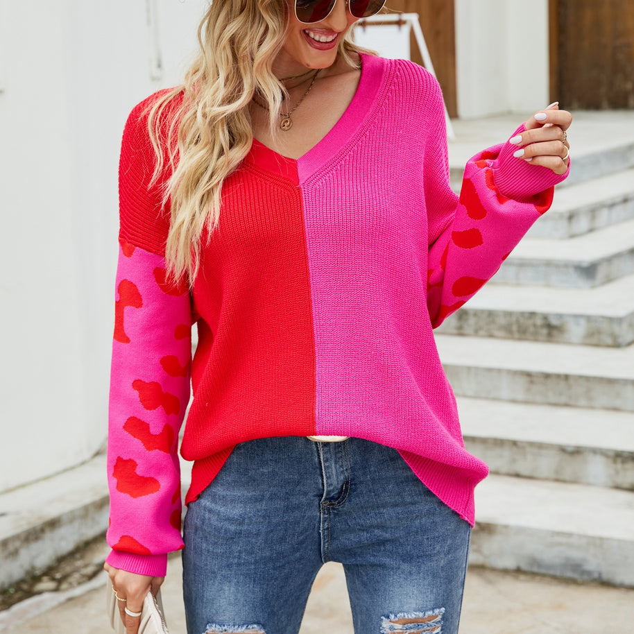 Damen farbenfroher Pullover im modischen Blockfarben-Design mit Leopardenmuster WW