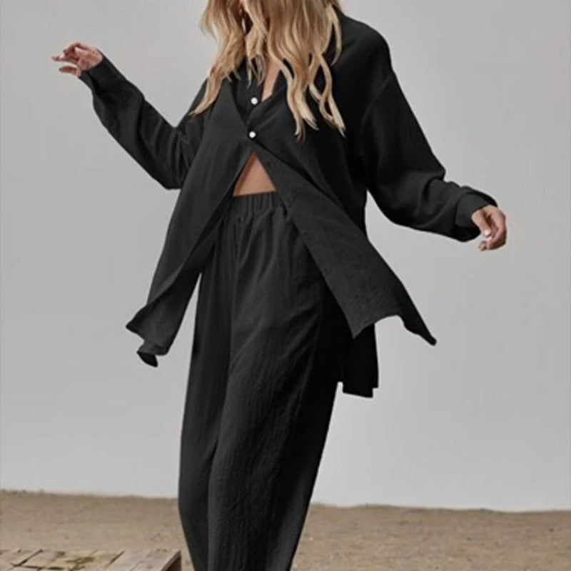 Damen Satin Pyjama Set mit langärmliger Bluse und weiten Hosen WW