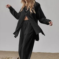 Damen Satin Pyjama Set mit langärmliger Bluse und weiten Hosen WW