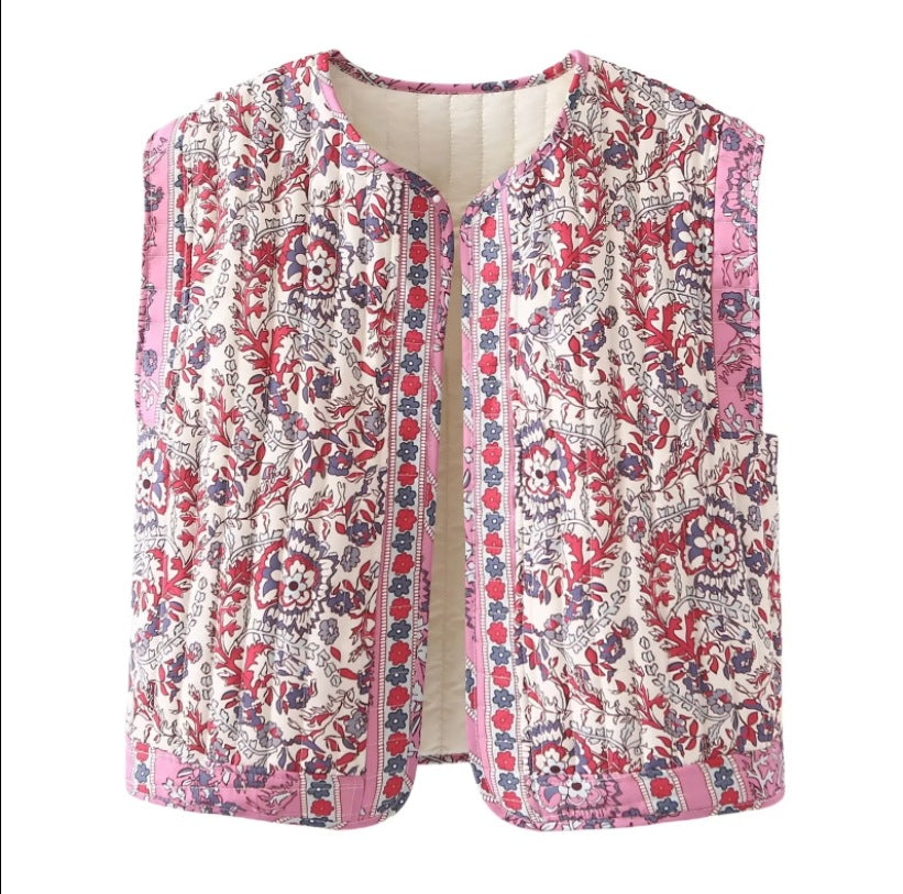 Damen gesteppte Weste mit floralem Design und praktischen Taschen W&W
