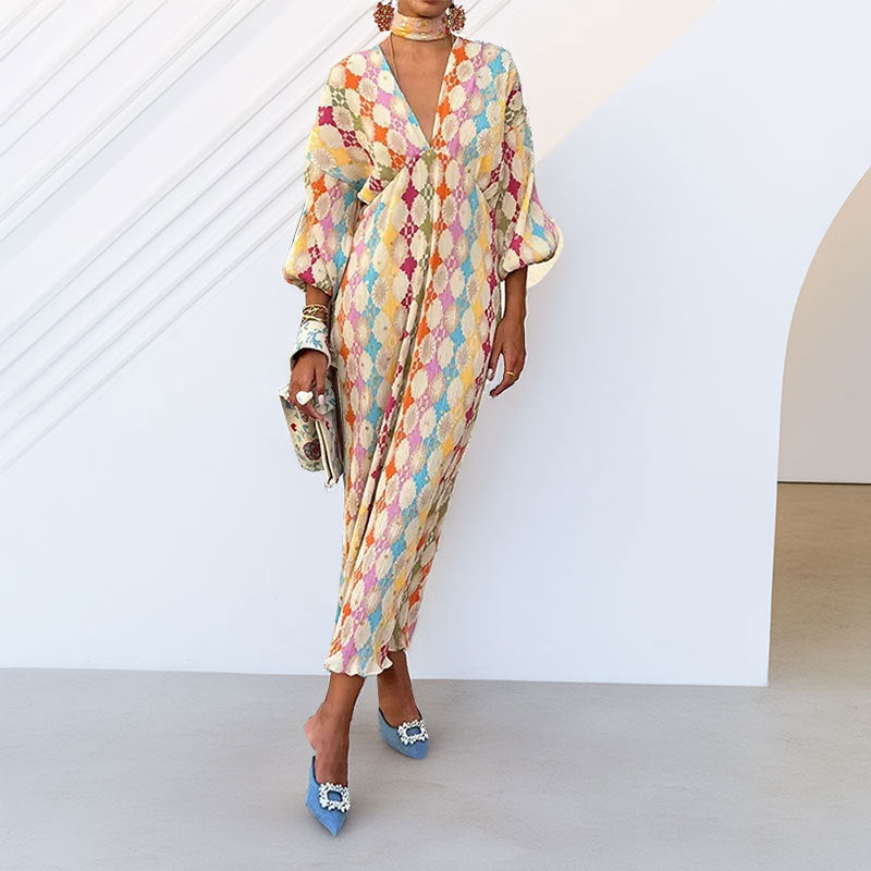 Damen Maxikleid mit auffälligem Rauten-Muster und voluminösenÄrmeln W&W Mode