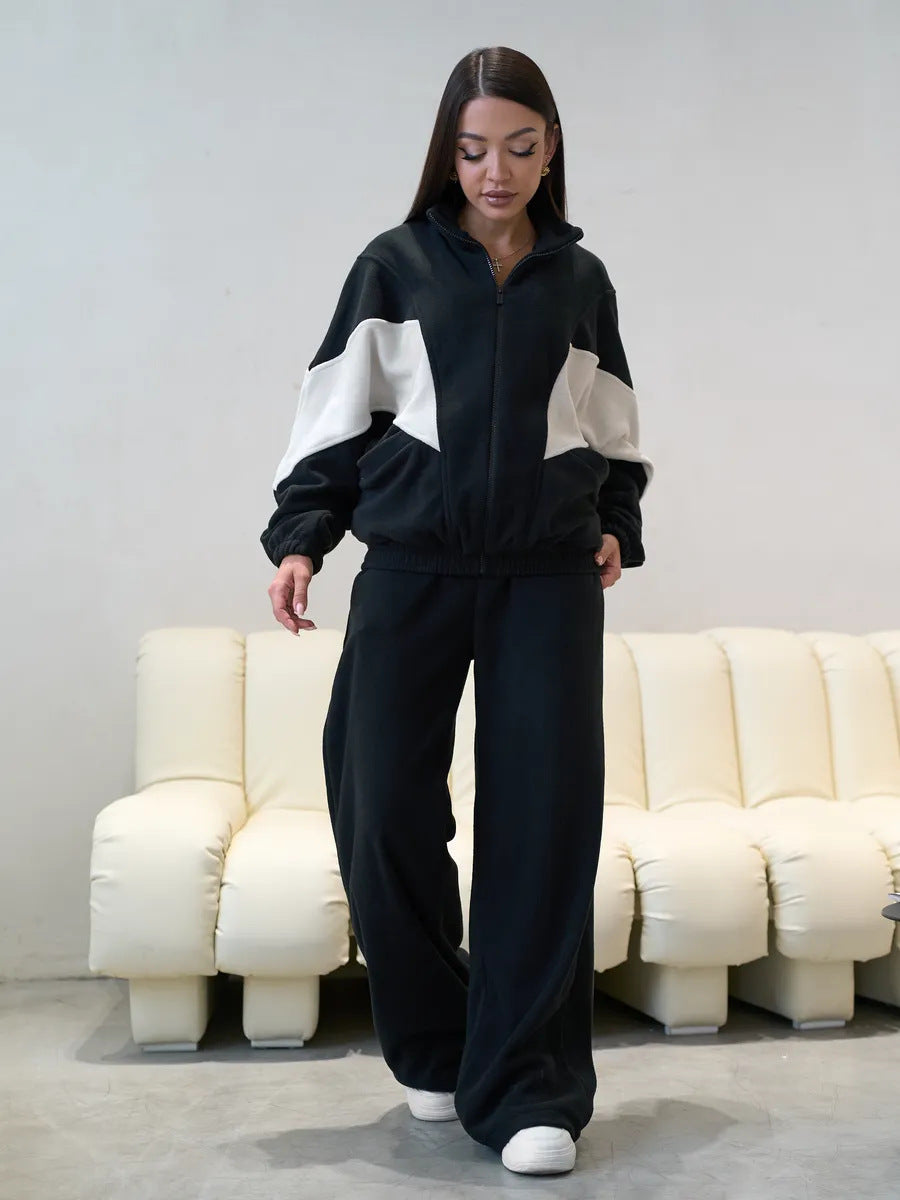 Damen sportliches Fleece-Set mit hochgeschlossenem Kragen und weiten Hosen WW