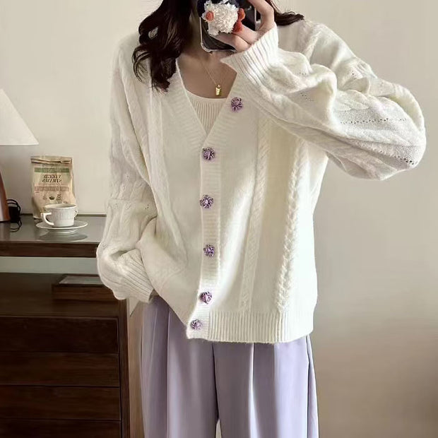 Damen Strickjacke mit dekorativen Knöpfen und Zopfmuster WW