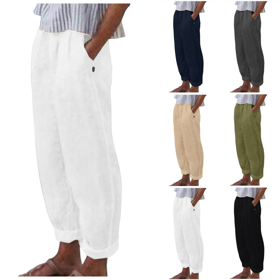 Damen Bequeme Leinenhose mit lockerem Schnitt und seitlichen Taschen WW