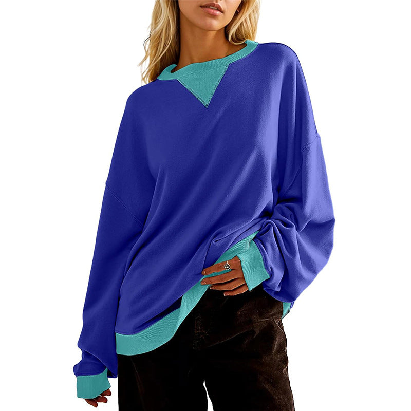 Damen lässiges Sweatshirt mit V-Ausschnitt und Kontrastbündchen WW