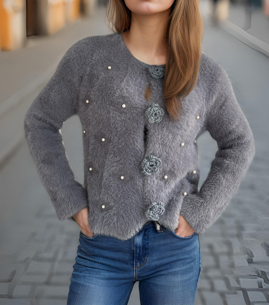Damen Strickjacke mit floralen Applikationen und perlverzierter Detail WW
