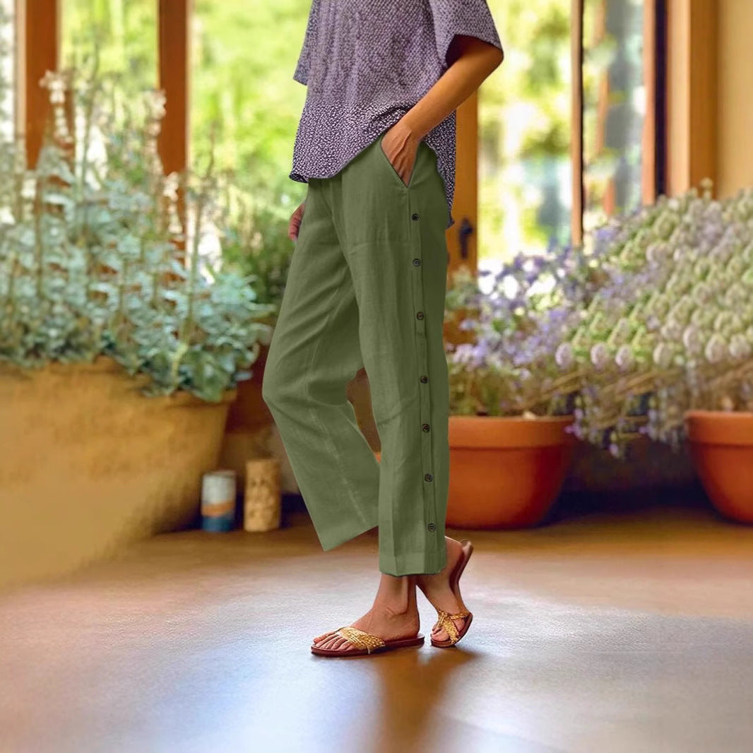 Damen Bequeme Leinenhose mit Knopfdetails WW