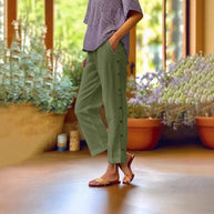 Damen Bequeme Leinenhose mit Knopfdetails WW