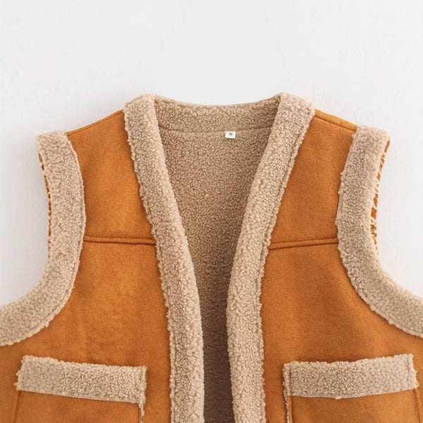 Damen Teddy-Weste mit praktischen Taschen und hohem Kragen WW