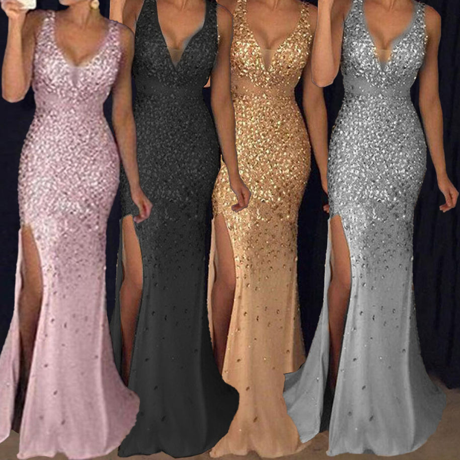 Damen Funkelndes Abendkleid mit tiefem V-Ausschnitt und seitlichem Schlitz WW