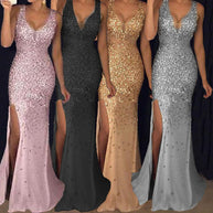 Damen Funkelndes Abendkleid mit tiefem V-Ausschnitt und seitlichem Schlitz WW