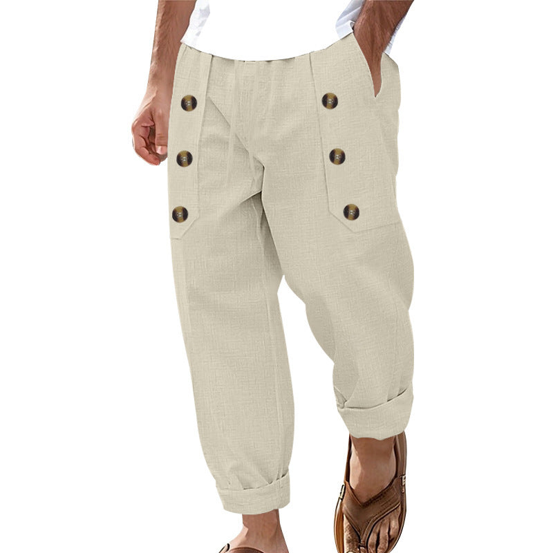 Herren lässige Leinen-Cargo-Hose mit praktischen Knöpfen und seitlichen Taschen W&W Mode