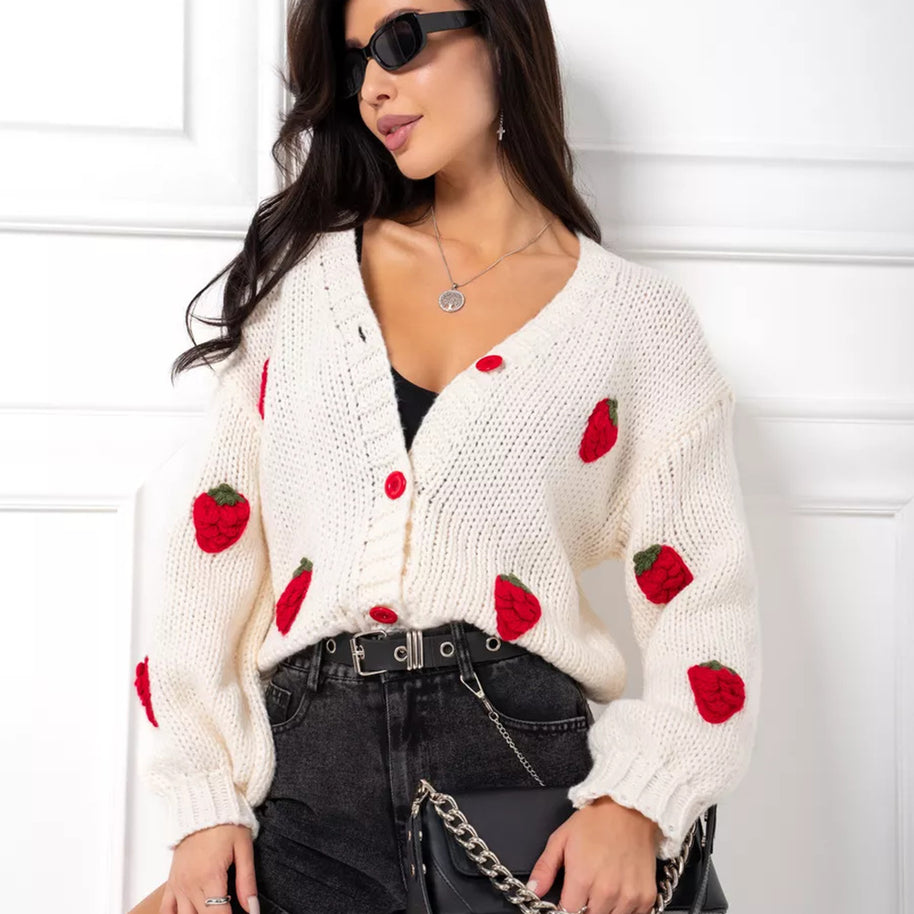 Damen Bestickter Erdbeer-Button-Up-Cardigan WW