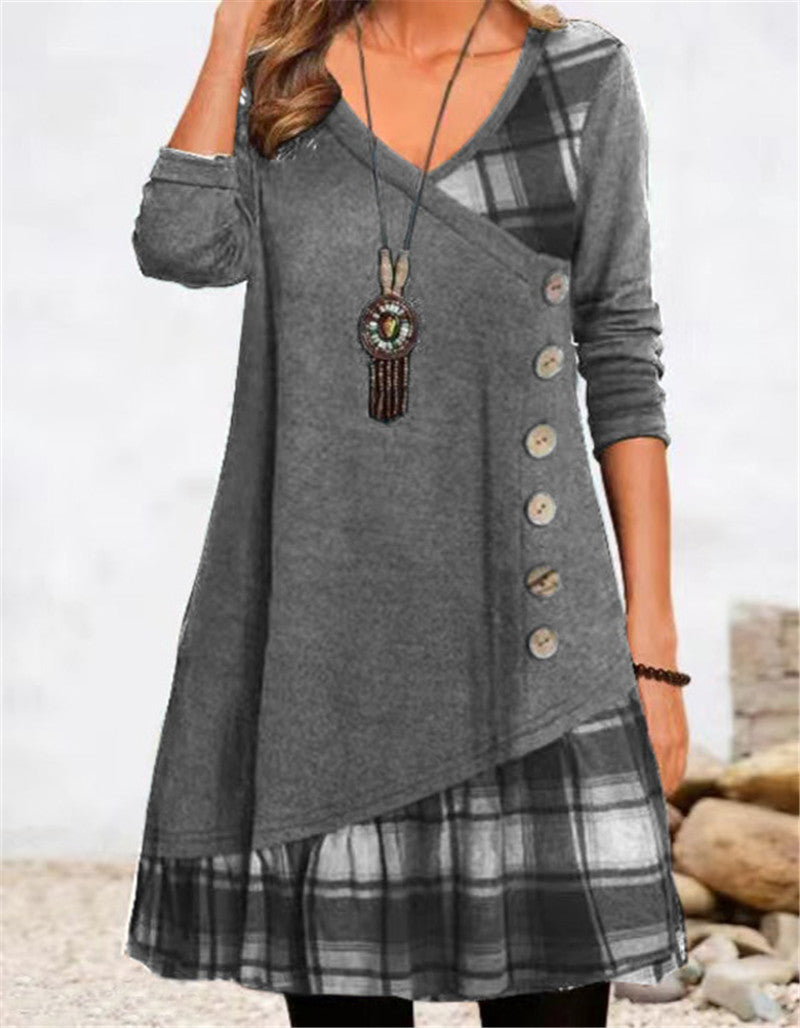 Damen asymmetrisches Freizeitkleid mit kariertem Saum und Knopfdetail WW