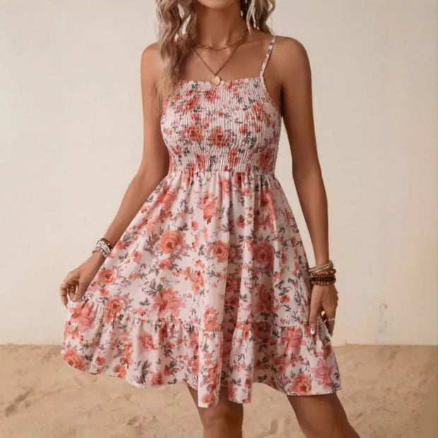 Damen Blumenkleid mit elastischem Oberteil und gerafftem Rock WW