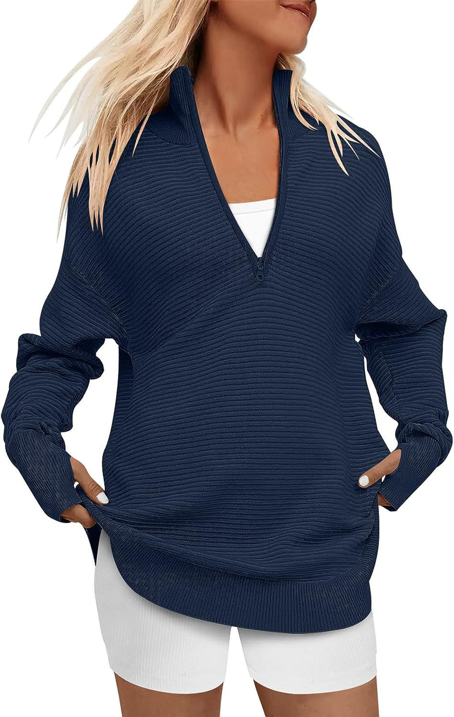 Damen Hochwertiger Reißverschluss Pullover mit strukturiertem Design WW