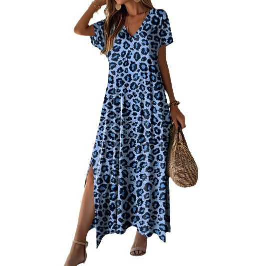 Damen Maxikleid mit modernem Leopardenmuster und seitlichen Schlitzen W&W Mode