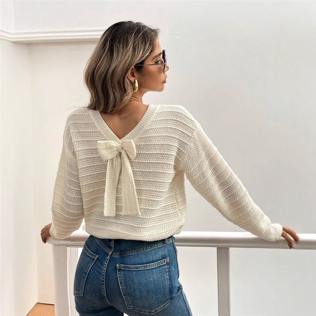 Damen Strickpullover mit V-Ausschnitt und dekorativem Schleifenelement WW