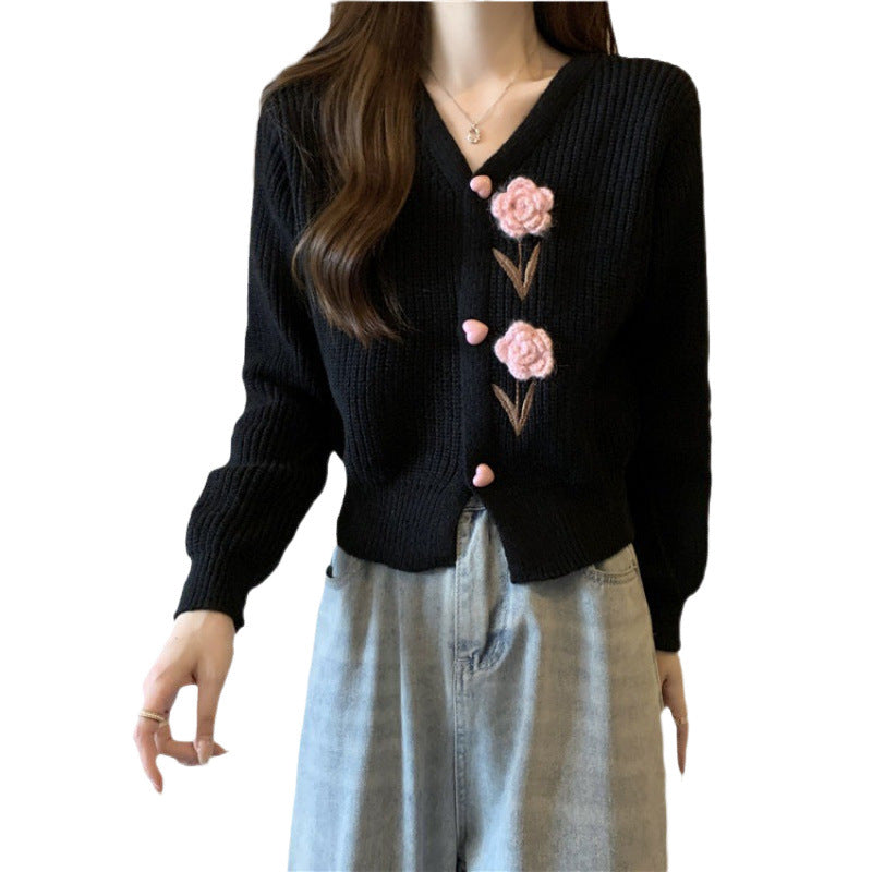 Damen Strickjacke mit floralen Applikationen und V-Ausschnitt WW