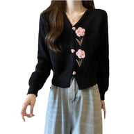 Damen Strickjacke mit floralen Applikationen und V-Ausschnitt WW