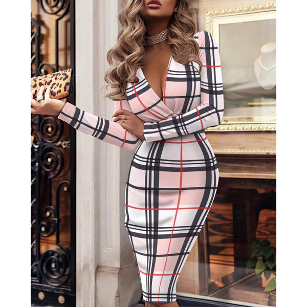 Damen figurbetontes Wickelkleid mit Karo-Muster und tiefem V-Ausschnitt WW