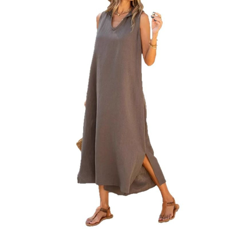 Damen ärmelloses Maxikleid mit tiefem V-Ausschnitt und seitlichen Schlitzen WW