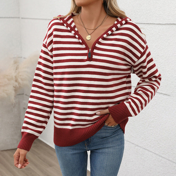 Damen gemütlicher Strickpullover mit modischem Reißverschluss und Streifenmuster W&W Mode