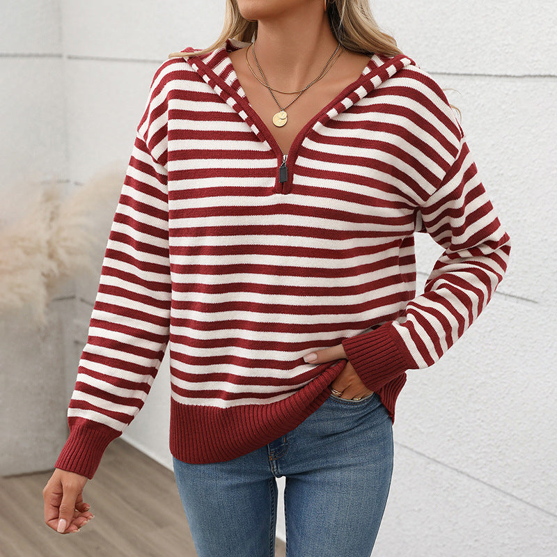 Damen gemütlicher Strickpullover mit modischem Reißverschluss und Streifenmuster WW