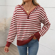 Damen gemütlicher Strickpullover mit modischem Reißverschluss und Streifenmuster WW