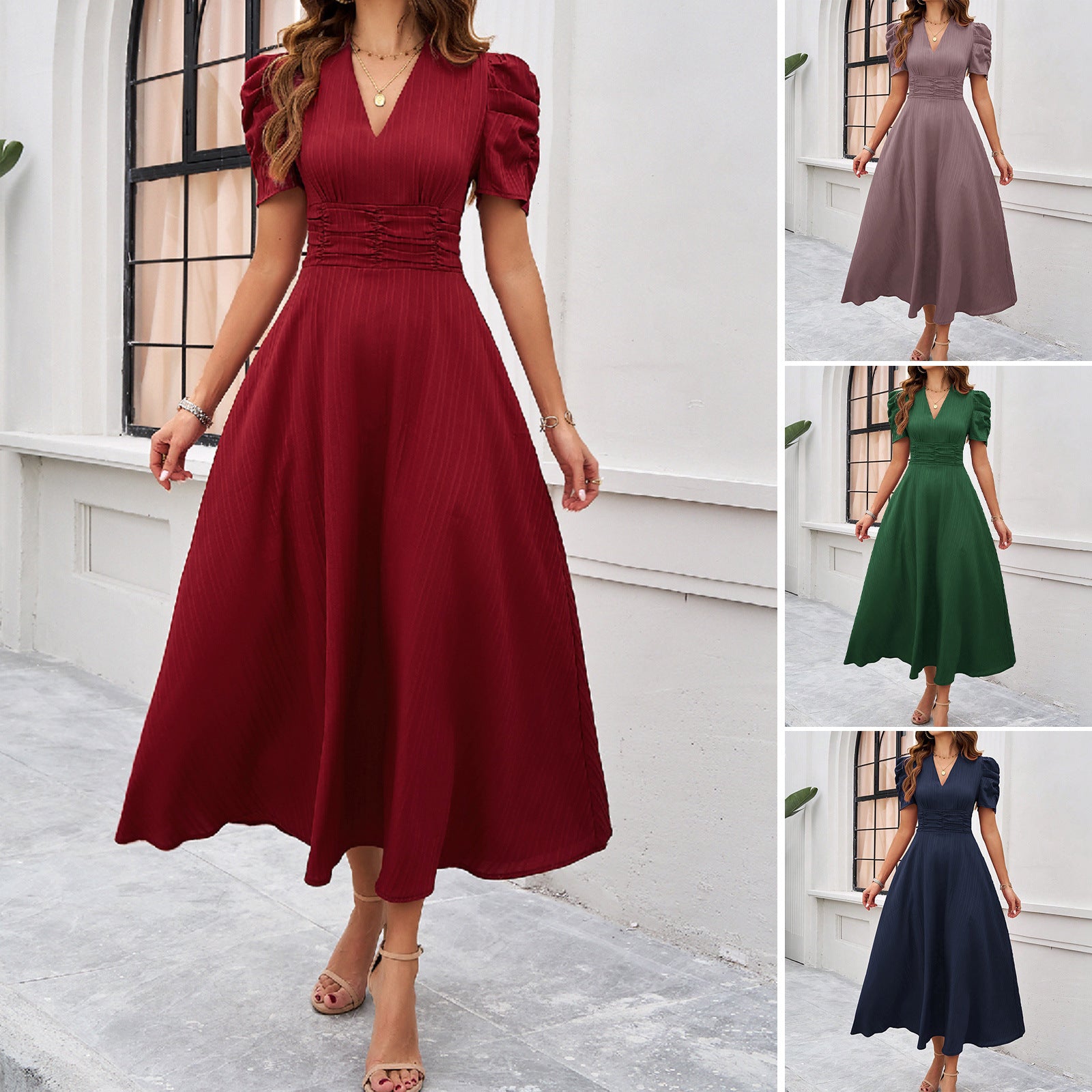 Damen Midi Kleid mit Puffärmeln und V-Ausschnitt WW