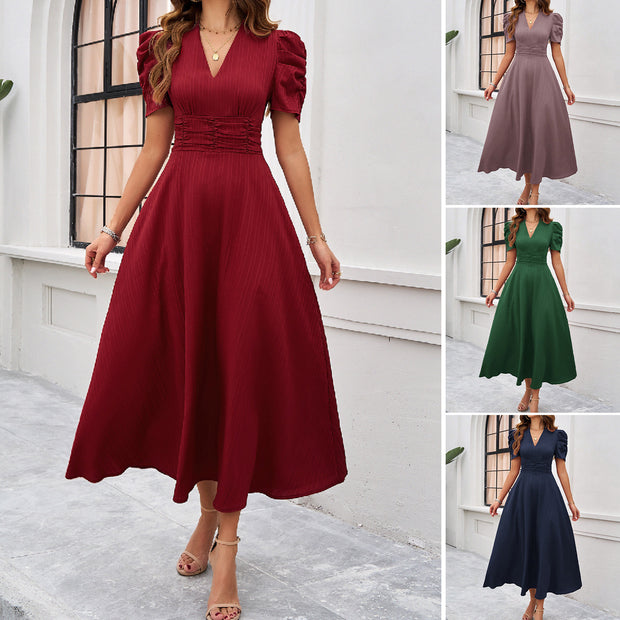 Damen Midi Kleid mit Puffärmeln und V-Ausschnitt WW