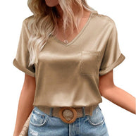 Damen Satin V-Ausschnitt T-Shirt mit Brusttasche und lässigem Schnitt WW
